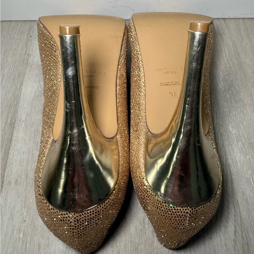 Jimmy Choo Gold Glitter Peep Toe Pumps Women’s EU 38 US 7.5 Stiletto Heels